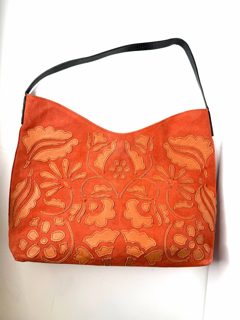 Antonio Melani Orange Suede Floral Appliqué Shoulder Bag